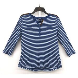 Chaps Shirt Women Size L Blue White Striped 3/4 Sleeve V-Neck Top Nautical